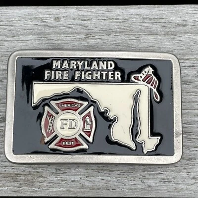 Fire Department Fighters Emblem Belt Buckle Maryland Map Helmet Black Red 3"x2" - Image 1 of 4