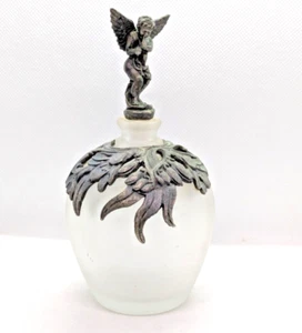 Ornate Vintage Perfume Bottle Frosted Glass & Sculpted Metal with Dauber 5” Tall - Picture 1 of 22