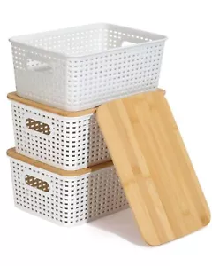 Plastic Storage Bins With Bamboo Lid Pantry Organization And Storage Baskets Con - Picture 1 of 7