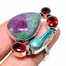 Rubin IN Zoisit,Biwa-See Perle & Granat Edelstein Handgefertigt Silber Ringgröße
