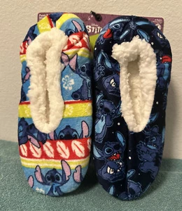 Disney Stitch Fuzzy Babba Slipper Socks 2 Pair Slippers Size 7-9 1/2 - New - Picture 1 of 3