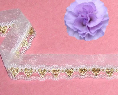 Corazones de organza adornos de encaje blanco 8 yardas x 1-1/4" corazones dorados E37AV LIQUIDACIÓN Foto 1 de 2