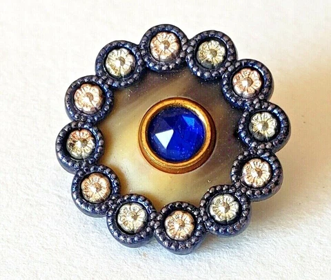 Rare Shape Victorian Celluloid Antique Button Scalloped with Cobalt Glass Center Cover