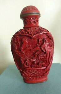 Exceptional Antique CHINESE CARVED RED CINNABAR BRASS SNUFF BOTTLE 