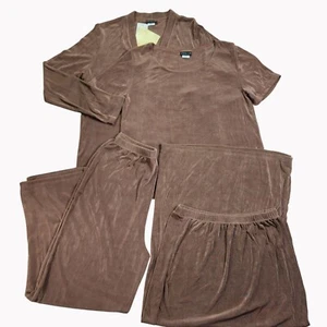 QVC Estilo 4 Piezas Pequeño Marrón Conjunto Cárdigan Manga Corta Top Falda y Pantalones - Imagen 1 de 16
