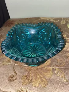 Valtec Kemple/McKee Quintec Blue GLASS Candy Dish Bowl 6" Hobstar Arch Sawtooth - Picture 1 of 4