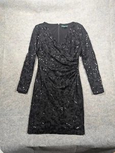 Lauren Ralph Lauren Size 10 Floral Sequin Black Long Sleeve Holiday Faux Wrap... - Picture 1 of 11