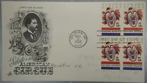 US 1966 FDC, Salute to the American Circus, art Craft, Block of 4 5c (#3) - Picture 1 of 2