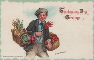 Thanksgiving c.1912 - F. Brundage - Lad w/Baskets of Fruits/Vege's -Used/No Post - Picture 1 of 2