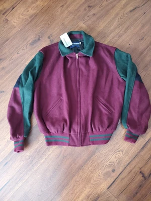 Винтажная оригинальная куртка для колледжа Holloway размер L шерстяная кожа университетская бордовая молния  - Изображение 1 из 4