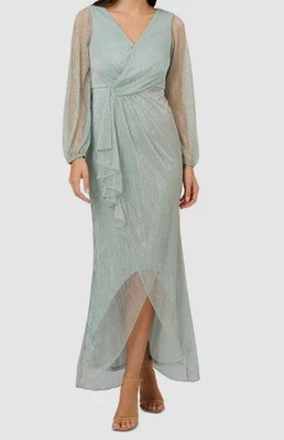 Adrianna Papell Women Blue Mesh Metallic Bishop-Sleeve Dress Petite Size 6P - Image 1 of 2