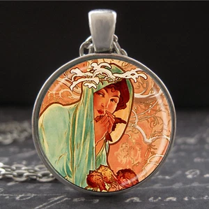 Alphonse Mucha Enmarcado Arte Impresión Colgante Collar Mini Art Nouveau Temporadas Invierno - Imagen 1 de 3