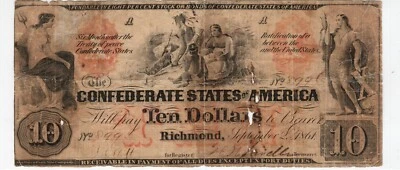 Papel moneda confederado T-22 PF-1 1861 $10 Foto 1 de 2