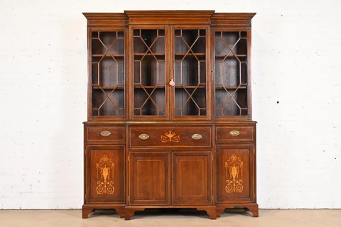 Georgian Inlaid Mahogany Breakfront Bookcase With Drop Front Secretary Desk Cover