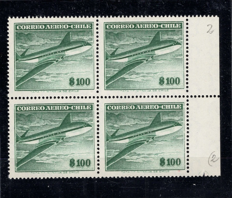 CHILE 1955 Sc.C178 Comet Air 100 pesos bloque de 4 MNH ESCASO wmk. posición 2 Foto 1 de 1