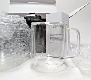 VZAAHU Glass Double Wall Espresso Coffee Cups w/ Handle 2-Pack 12 Oz - Picture 1 of 7