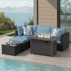 Outdoor Patio PE Wicker 6 Piece Furniture Set w/ Propane Fire Pit Table - Picture 1 of 10