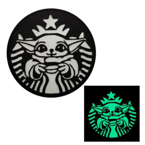 Baby Yoda Glow in the Dark Parody Starbucks Hook and Loop Morale Patch Army Navy - Picture 1 of 2