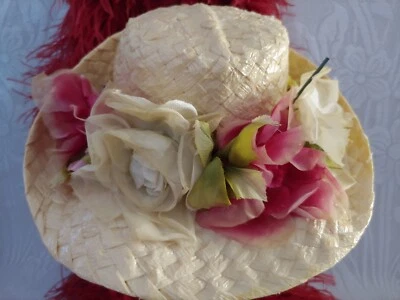 VINTAGE WOMEN'S HAT🌺1960-70 YELLOW CELLOPHANE STRAW LGE SILK FLOWERS WIDE BRIM - Image 1 of 4