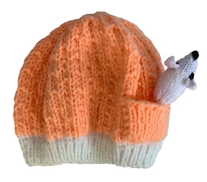 Hand Knitted Orange and White Beanie with Mouse Accent New without Tags - Picture 1 of 5