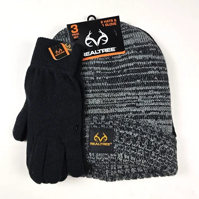 RealTree Hombre Sombrero Guante Gris Negro Invierno Esquí Exterior Gorro OSFM 3 Piezas NUEVO Foto 1 de 4