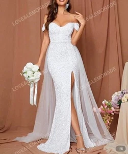 Mermaid Sequin Wedding Dress White Elegant Bridal Dress - Picture 1 of 5
