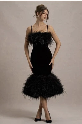 Club L London Kalena black velvet feather trim midi dress - Image 1 of 2