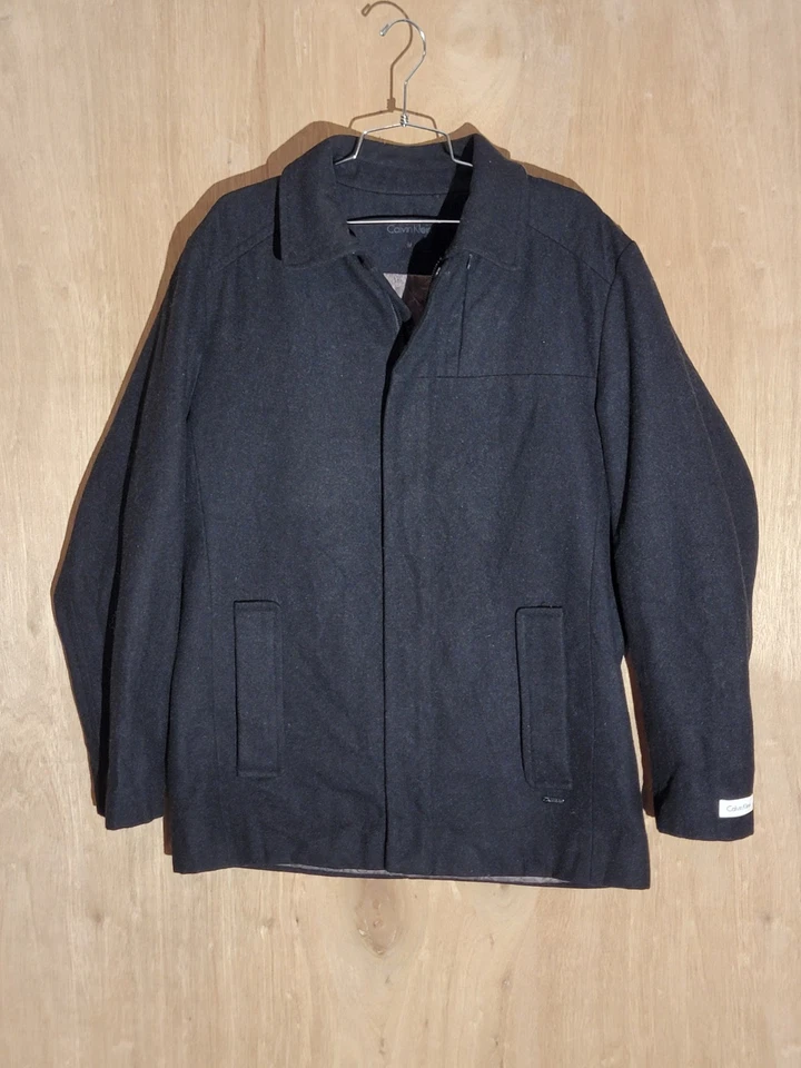 Jaqueta masculina Calvin Klein preta mistura de lã média zíper completo botão frontal - Imagem 1 de 4