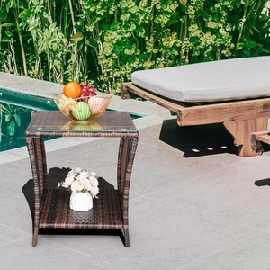 UBESGOO Glass Top Brown Gradient Double Rattan Side Table - Picture 1 of 12