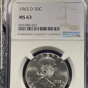 ๐ ๐ฅ 1963-D U.S. 50c Franklin Half Dollar Silver Coin ~ NGC โจ MS63 โจ ๐ฅ - Picture 1 of 3