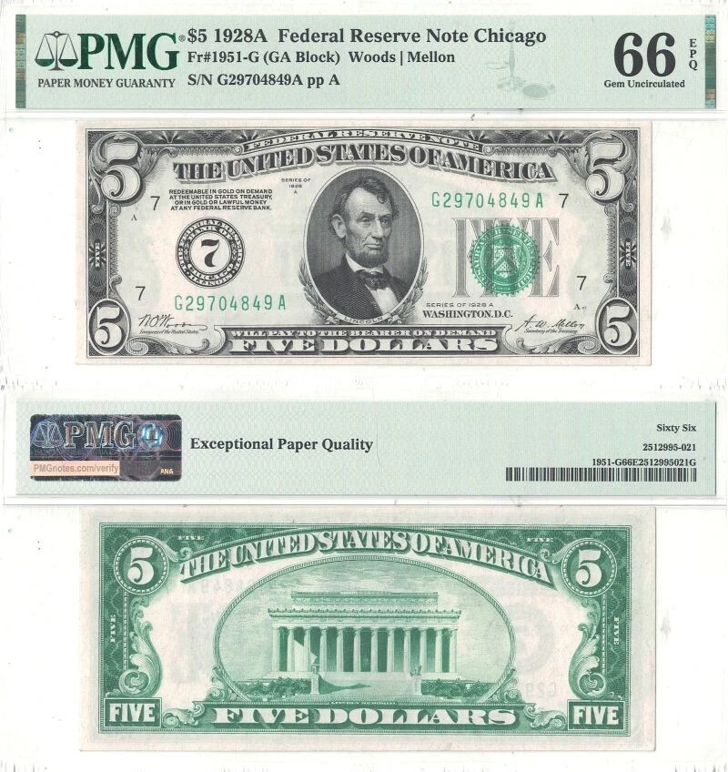 1928-A $5 Federal Reserve Note Fr-1951-G PMG Gem CU-66 EPQ - Image 1 of 1
