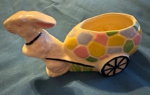 Vtg Ceramic Easter Planter Bunny rabbit w Speckled egg cart spring decor - Picture 1 of 8