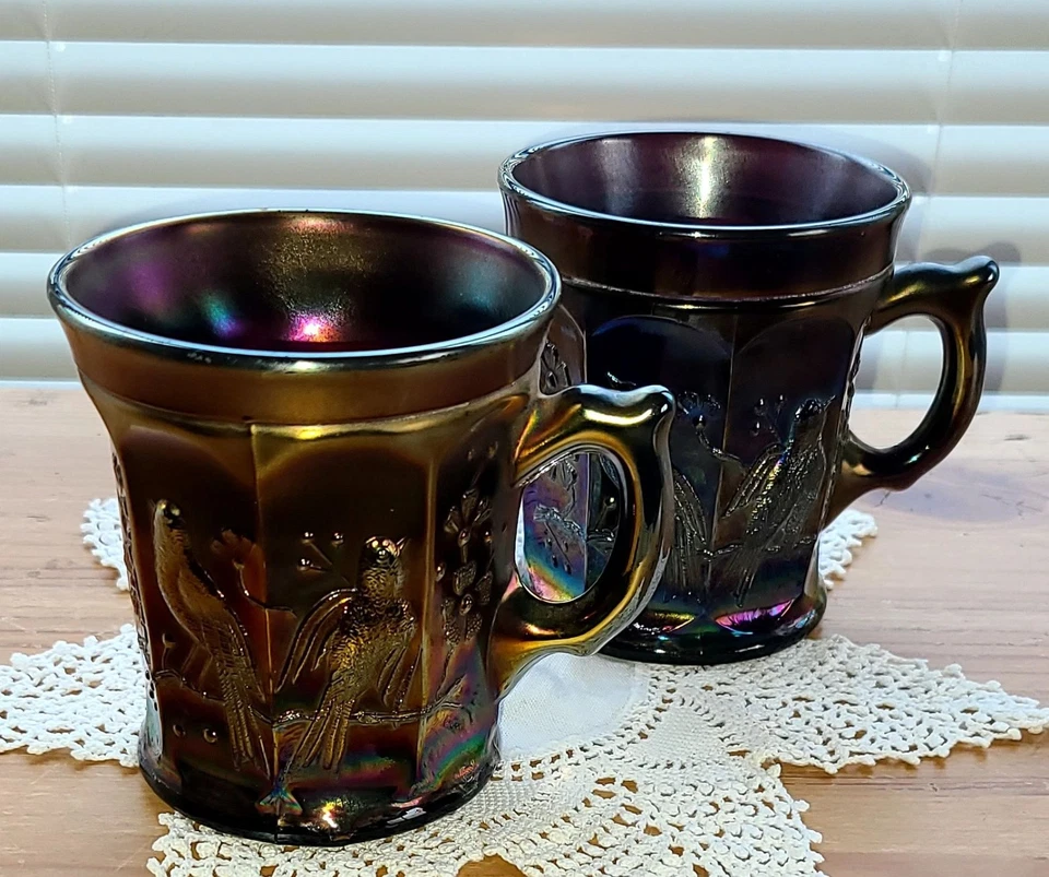 (2) Vintage NORTHWOOD 3.5" Amethyst Carnival Glass "Singing Birds" Mugs! - Image 1 of 3