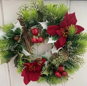 Künstlicher Weihnachtskranz Weihnachtsdeko Mini Grab Denkmal rot Stechpalme Weihnachtsstern - Bild 1 von 5