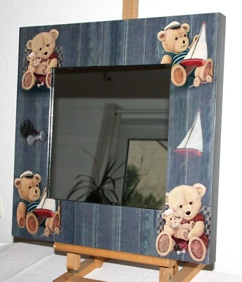 Spiegel für Kinderzimmer, Holzrahmen blau, bedruckt, Teddy Motive, quadratisch - Bild 1 von 4