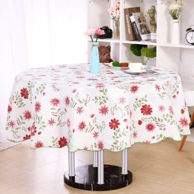 Vinyl Home Tablecloth Round Tables 71" Dia Red Flower Pattern Floral Printed - Image 1 of 4