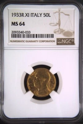 ITALIA, ORO 50 LIRAS VITTORIO EMANVELE III 1933 R NGC MS 64, RARO1 Foto 1 de 4