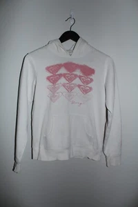 Roxy Women's White & Pink Fleece Hooded Pullover Long Sleeve Jumper Size 8 - Picture 1 of 12