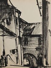 Antique ink drawing lovely old town street view landscape