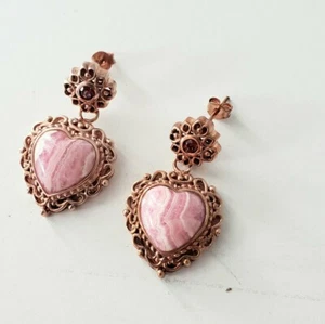 Pink Stone and Copper Heart Dangle Earrings - Picture 1 of 3