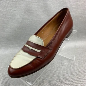 Ralph Lauren Penny Loafers Brown/White Leather Almond Toe Flat Shoes Size 9AA - Picture 1 of 13