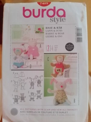 Burda Style 7409 Sewing Pattern - Childrens Toys -  Rabbit & Bear - Image 1 of 4