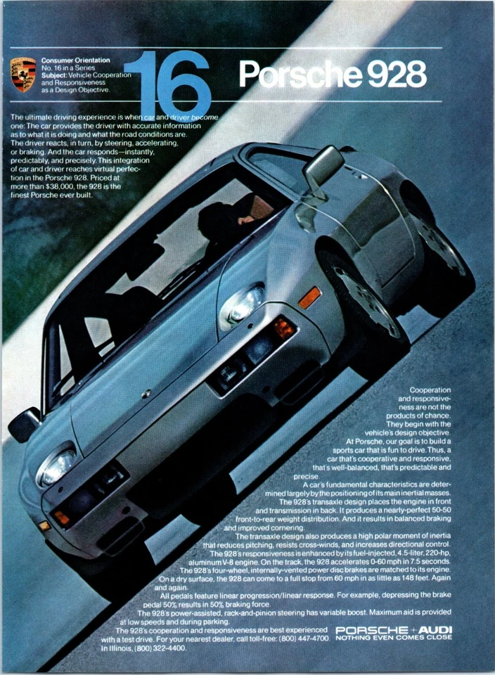 1982 Porsche 928 German Sports Car 16 Vintage Print Ad Race Track 80s Wall Art - Image 1 of 1