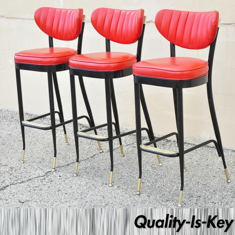 Vintage Mid Century Lion Brand Black Red Vinyl Italian Style Barstool - Set of 3 Cover
