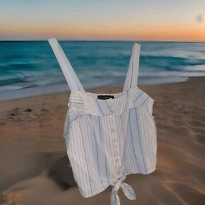 DEREK HEART size med peach & blue striped button down crop top - Picture 1 of 3