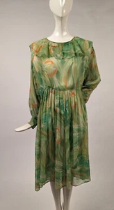 VINTAGE 1970’S WATERCOLOR FLORAL SILK CHIFFON DRESS W FULL SLEEVES - Picture 1 of 8