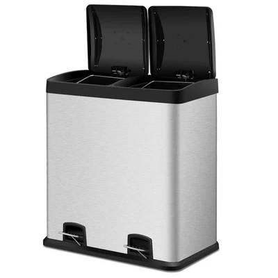 16 Gallon Stainless Steel Step Trash Can Double Bucket Home Recycling Pedal Bin - Image 1 of 4