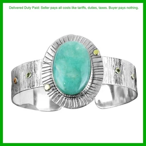 Halloween Sale 925 Silver Heart Chakra Natural Amazonite Bezel Bangle Jewelry - Picture 1 of 7