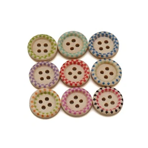 50Pcs Wooden Buttons, Printed Edges, 4-Hole, DIY Sewing Crafts Decor 15mm - Picture 1 of 4