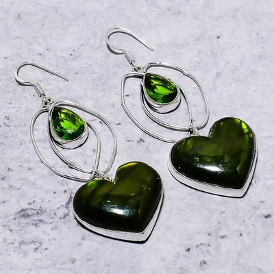 Green Labradorite, Peridot 925 Sterling Silver Gift Jewelry Earring 3.03" y357 - Image 1 of 3